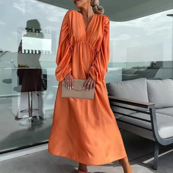 Yeni Bayan Elastik Yüksek Bel Çok Yönlü Gevşek Elbise Bahar Moda Katı V Yaka Uzun Kadın Elbise Casual Resort Gidip Parti Elbise