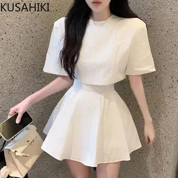 KUSAHIKI Kadın Yaz Moda Setleri Kısa Kollu O-Boyun Kırpma Üst + Yüksek Bel A-line Mini Etek Zarif Kore İki Adet Kıyafetler