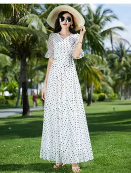 Zarif Beyaz Polka Dot Elbise Kadın Giyim İçin Yeni Yaz Kısa Kollu İnce Bohemian Prenses Elbise jp931
