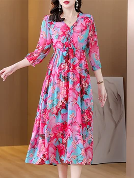 2023 Çiçek İpek Zarif Casual Midi Elbise İlkbahar Yaz Boho Moda Gevşek Balo Elbise Kadınlar Kore Vintage Lüks tatil elbisesi
