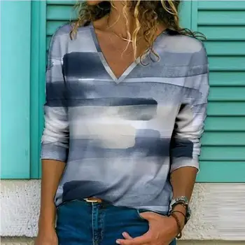 2021 Bahar Elmas Renkli Baskı Bluz Gömlek Kadınlar Zarif V Yaka Uzun Kollu Üst Sonbahar Rahat Gevşek Artı Boyutu Streetwear Blusa