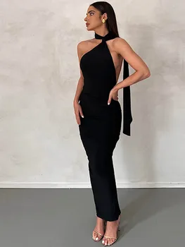 Seksi Halter Backless Dantelli Bodycon uzun elbise Kadınlar 2023 Yeni Yaz Kolsuz Kadın Gece Kulübü Parti Maxi Elbiseler Siyah Yeşil