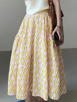 Korobov Yaz Fransız Romantik Yüksek Bel Etek Çiçek Tasarım Yarım Etek Zıt Renkler Tatlı Elbise Kore Moda Faldas