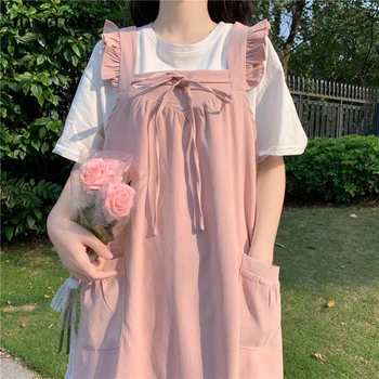 JuneLove Yaz Kawaii Askı Midi Elbise Kadın Fırfır Güzel Japon Tatlı Elbise + kısa kollu tişört Setleri Sundress 2021