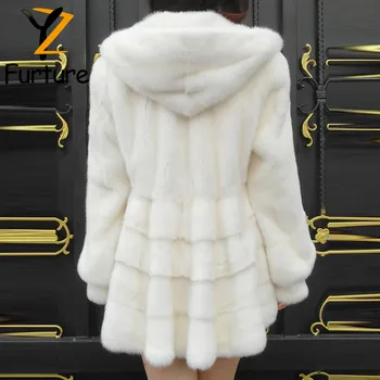 Yeni Kadın Gerçek Vizon Kürk Ceket Kürk Hood İle Uzun Ceketler Sıcak Kış Hakiki Kürk Palto İnce Kollu Vizon Kürk Asil Palto 2021