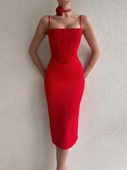 Zarif Kolsuz Midi Elbise Kadınlar Kırmızı Spagetti Kayışı Backless İnce Elbise Yaz Seksi Doğum Günü Partisi Sundress Kulübü Kıyafet 2023