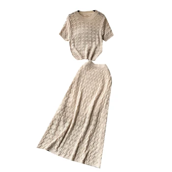 Yeni Yaz Kadın Zarif Hollow Out Örme Etek Takım Elbise Moda Dalgaların Kısa Kollu Kısa Üst Ve Uzun Etek İki Parçalı Set