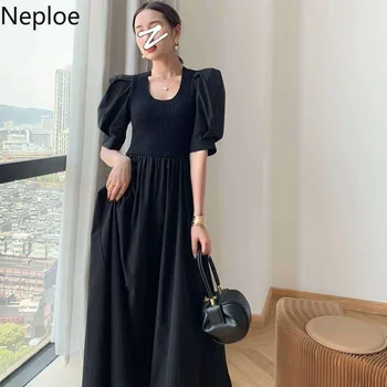 Kore Patchwork örme elbise kadın kıyafetleri 2023 Yaz Zarif Uzun Elbise Yüksek Bel Vestidos Puf Kollu Vintage Maxi Elbiseler