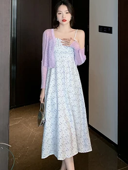 Yaz Moda Çiçek Şifon askı elbise Setleri 2023 Yeni Boho Zarif rahat elbise Kadınlar Kore Chic Bodycon Lüks Festivali Elbise