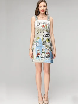 2023 Yaz Yeni Spagetti kemerli elbise Kadın Plaj Tatil Mini Vestidos Boncuk ve Baskı Moda Zarif Bayan