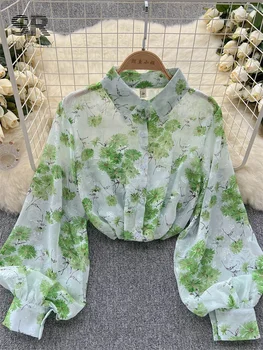 SİNGREİNY Çiçek Baskı Şifon bluz Yaz Fener Kollu Retro Moda 2023 Casual Bayanlar Gevşek Güneş Koruyucu Şık Seksi Gömlek