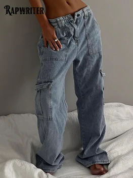 Rapwriter Denim Kargo Pantolon Kadın 90s Kot Kızlar İçin Kadın Moda 2022Vintage Yüksek Belli Pantolon Harajuku Kapriler Streetwear