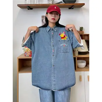 Japon Vintage Mavi Denim Gömlek Kadın Ayı Nakış Yüksek Sokak Gömlek Bayan Harajuku Düğmeli Gömlek Yaz Üstleri Mujer 2023
