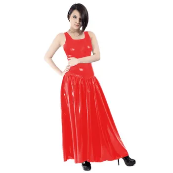 Islak bak parlak PVC deri uzun Tank elbise kadın yaz O boyun ayak bileği uzunlukta katı elbise kolsuz Fit ve Flare Kulübü elbise