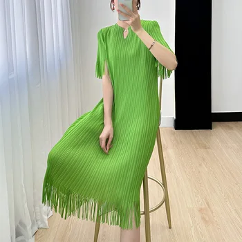Miyake issey Miyake Kat 2023New High-end Püskül Ekleme Orta Uzunlukta Elbise kadın Yaz Rahat Mizaç Kısa Kollu Elbise Moda