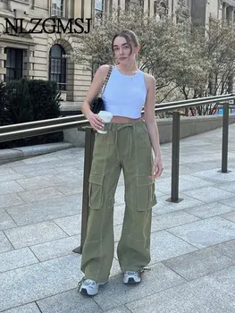 Nlzgmsj TRAF Kadın Y2K Kargo Pantolon Yüksek Bel Sweatpants İpli Geniş Bacak Baggy Pantolon Kadın Yaz Streetwear