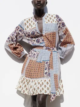 Uzun Kollu Patchwork Baskı Mini Elbiseler Kadınlar İçin 2023 Moda Düğmeli Gömlek Elbise Kemer Fırfır Hem Vintage Boho Elbise
