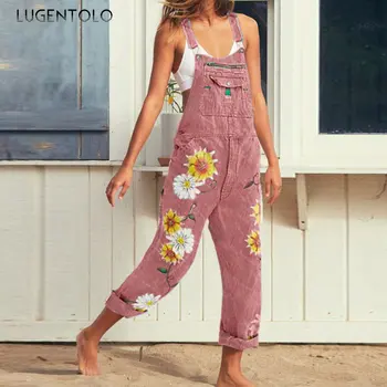 Kadın Tulum Kot Çiçek Baskı Yıkanmış Fermuarlı Cebi Bayan Sokak Basit Sevimli Denim Düz bacak günlük pantolon