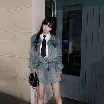 İlkbahar Sonbahar Y2k Sokak Kot Etek Takım Elbise 2023 Yeni kadın Kırpılmış Kot Ceket Ceket + Yüksek Bel Mini Jean Etek İki parçalı Setleri