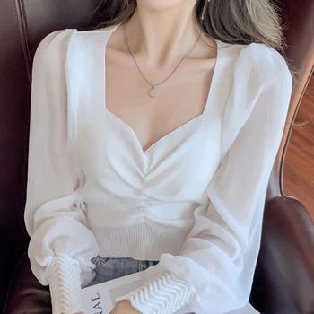 Sonbahar Uzun Kollu Örme Bluz Gömlek Tops Kadın Kazak V Yaka Beyaz Bluz Kadınlar Blusas Mujer De Moda 2023 Bluzlar F111