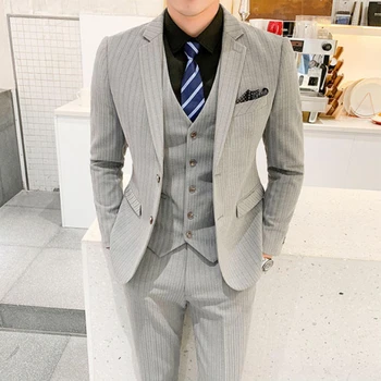 (Ceket + yelek + pantolon) Kore Klasik Çizgili Takım Elbise İngiliz Tarzı Rahat İş Resmi Erkekler Düğün İnce En İyi Erkek Elbise 3 parçalı Set