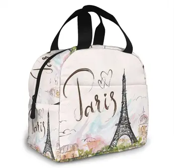 Eyfel Kulesi Paris Yalıtımlı Öğle Yemeği Çantası Kadınlar Erkekler İçin Yeniden Kullanılabilir yemek kabı Ön Cepli yemek taşıma çantası Seyahat / Piknik / İş