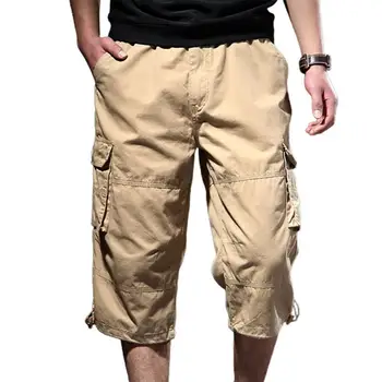 Erkek Kırpılmış Pantolon Düz Renk İnce Gevşek Tip Orta buzağı Uzunluğu Sıkı Bel Erkek Kargo Çok Cepler Yaz Kırpılmış Pantolon