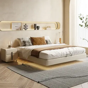 Italyan Minimalist Deri Asma karyola iskeleti için yatak odası mobilyası Japon katı ahşap Ana Yatak Odası Karyola 1.8 m Çift Kişilik Yatak