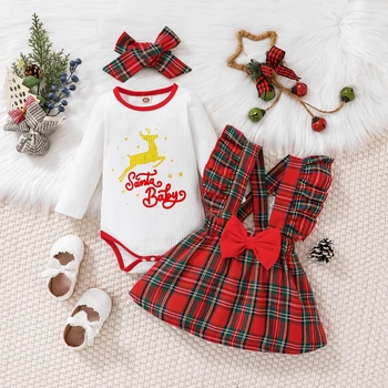 0 - 18Months Bebek Bebek Kız Noel Giysileri Setleri Sevimli Mektup Uzun Kollu Bodysuit + Kareli Ruffles Sapanlar Elbise + Yay Saç Kıyafet