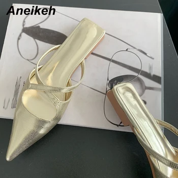 Aneikeh 2024 Sivri Burun Kadın Düz Düşük Topuk Pompaları Terlik Moda Çapraz Kayış Yaz Sandalet Slaytlar Gümüş Siyah altın