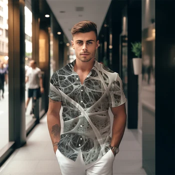 Erkek Moda Klasik Düğme Gömlek Sokak Trendi Serin Kısa Kollu Gömlek Yaz Kişiselleştirilmiş Gömlek 3D Baskılı Desen Gömlek