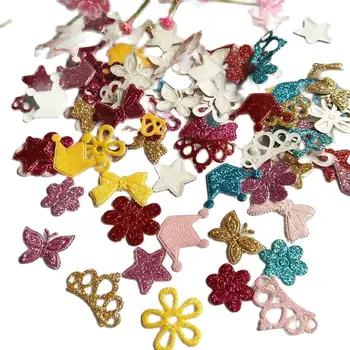100 adet / grup Yeni Karışık Glitter yama Deri Glitter Keçe Taç Çiçekler Kelebek Yay Yıldız Kaynağı Doğum Günü Aplike Aksesuarları