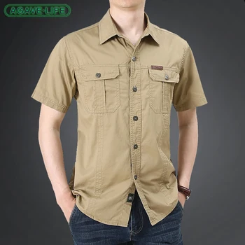 Yaz Erkek Gömlek Yeni Pamuk Yıkanmış Takım Rahat Kısa Kollu Gömlek Erkekler İnce Gevşek Yarım Kollu Askeri Rahat Gömlek Boyutu M-5XL